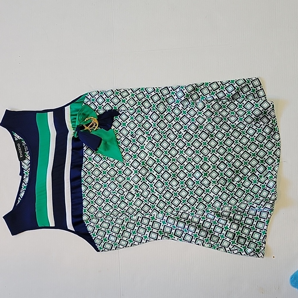 bebe navy, green, & white sleeveless silk top w/bow & gold anchor detail, XS